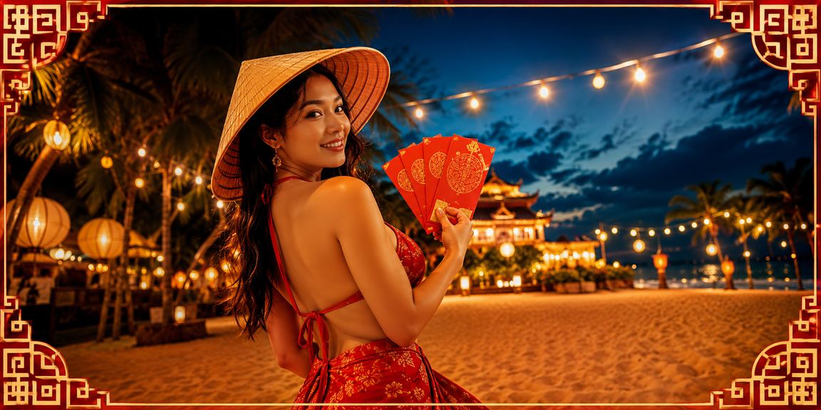 Hình ảnh phong bì đỏ may mắn và nón lá tại Huế biểu trưng cho chương trình thưởng